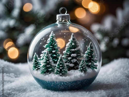 A Closeup of a Glass Ornament Filled with Miniature Holiday Decorations photo