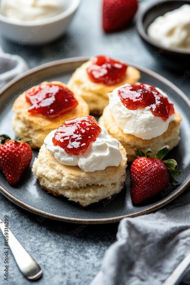 Golden brown scones filled with raspberry jam, topped with whipped cream and fresh strawberries. Golden brown scones filled with raspberry jam, topped with whipped cream and fresh strawberries.