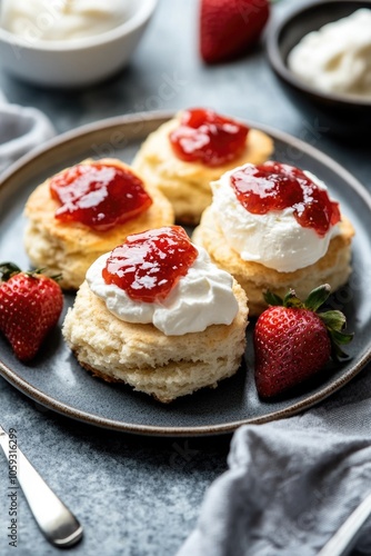 Wallpaper Mural Golden brown scones filled with raspberry jam, topped with whipped cream and fresh strawberries. Torontodigital.ca