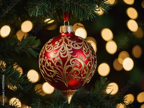 A Detailed View of a Stunning Red Christmas Ornament Adorned with Beautiful Intricate Gold Patterns, Adding a Touch of Elegance to the Holiday Decor photo