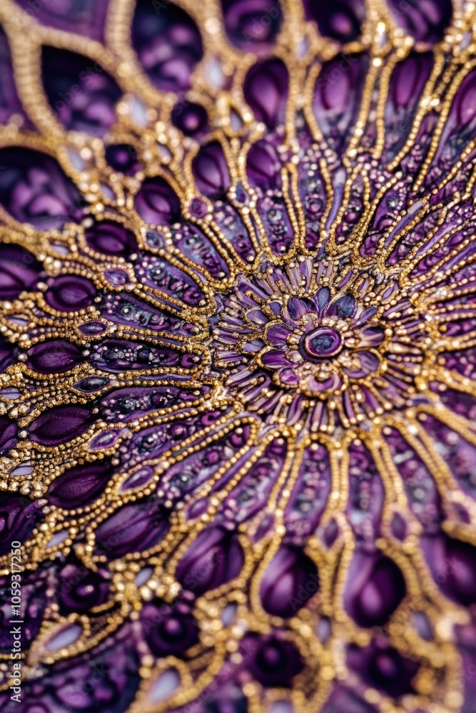 Obraz premium Beautifully crafted floral pattern embroidery on purple fabric. High end jewelry design with intricate handmade stitching.