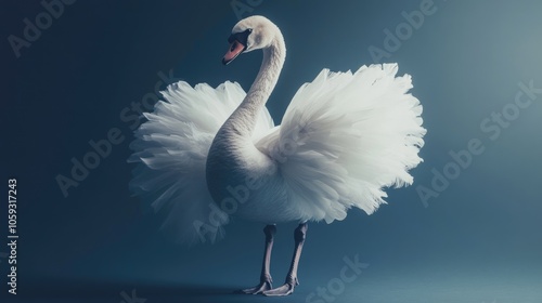 Fototapeta Naklejka Na Ścianę i Meble -  A graceful white swan in ballet attire, with elegant feathers. Swan lake's prince charming and ballerina perform a romantic dance.