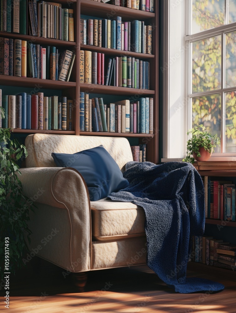 Luxurious living room with cozy chair and bookshelf Luxurious living room with cozy chair and bookshelf