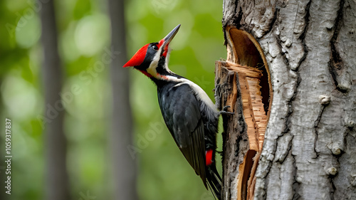 A striking pileated woodpecker clings to a tree trunk, its sharp beak tapping into the bark. ai