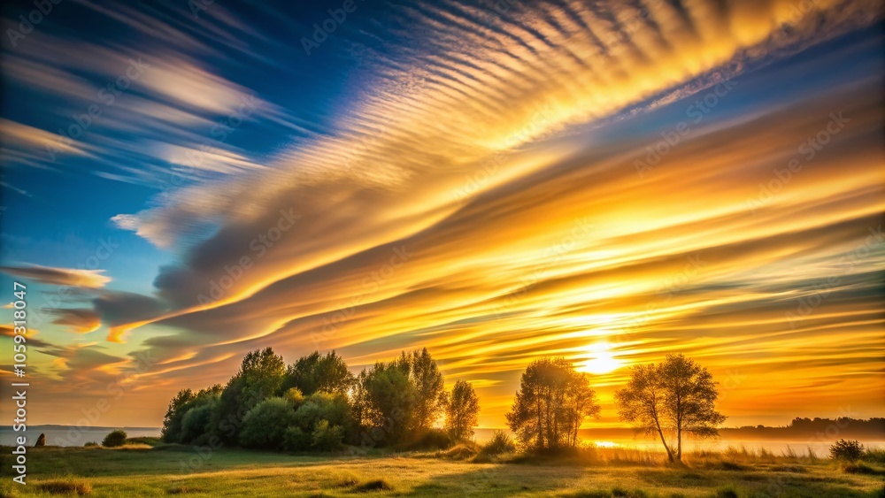 Obraz premium Elegant Early Morning Scene with Subtle Beige and Soft Yellow Stratospheric Clouds Blending into a Golden Sky - Low Light Photography