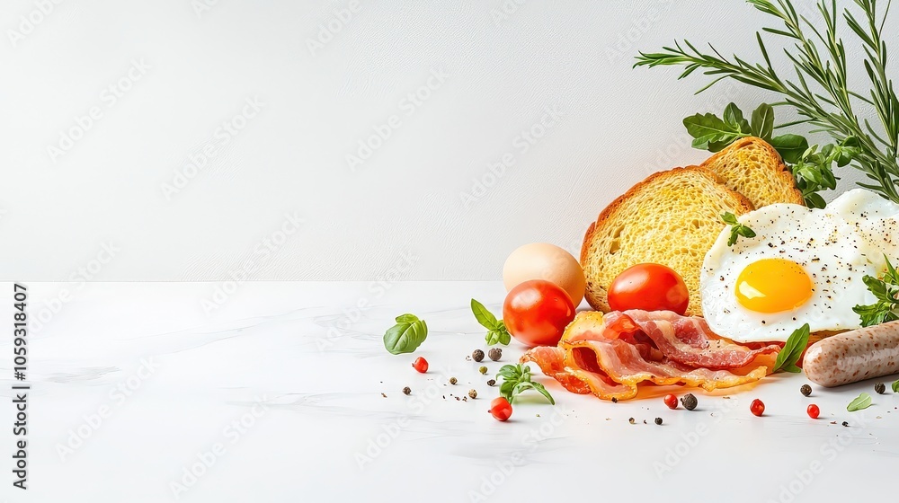 A captivating front view shot of a hearty full English breakfast, showcasing beautifully cooked bacon, eggs, sages, and toast, illuminated under a soft spotlight A captivating front view shot of a hearty full English breakfast, showcasing beautifully cooked bacon, eggs, sages, and toast, illuminated under a soft spotlight