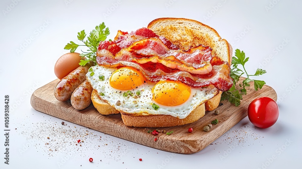 A captivating front view shot of a hearty full English breakfast, showcasing beautifully cooked bacon, eggs, sages, and toast, illuminated under a soft spotlight A captivating front view shot of a hearty full English breakfast, showcasing beautifully cooked bacon, eggs, sages, and toast, illuminated under a soft spotlight