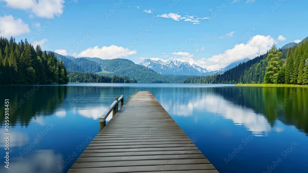 Serene Wooden Dock Leading Into Calm Alpine Lake Surrounded by Lush Green Forest and Majestic Mountain Range Under Clear Blue Sky with Soft White Clouds Serene Wooden Dock Leading Into Calm Alpine Lake Surrounded by Lush Green Forest and Majestic Mountain Range Under Clear Blue Sky with Soft White Clouds