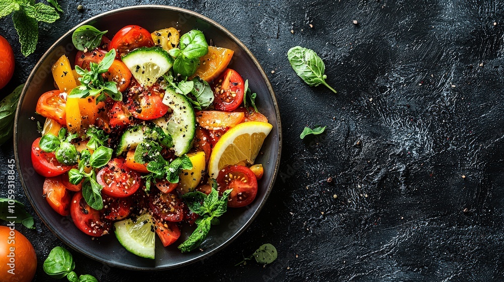 A close-up of a colorful gourmet plate with bright garnishes and creative presentation on a dark gray background, highlighting contrast and texture. A close-up of a colorful gourmet plate with bright garnishes and creative presentation on a dark gray background, highlighting contrast and texture.