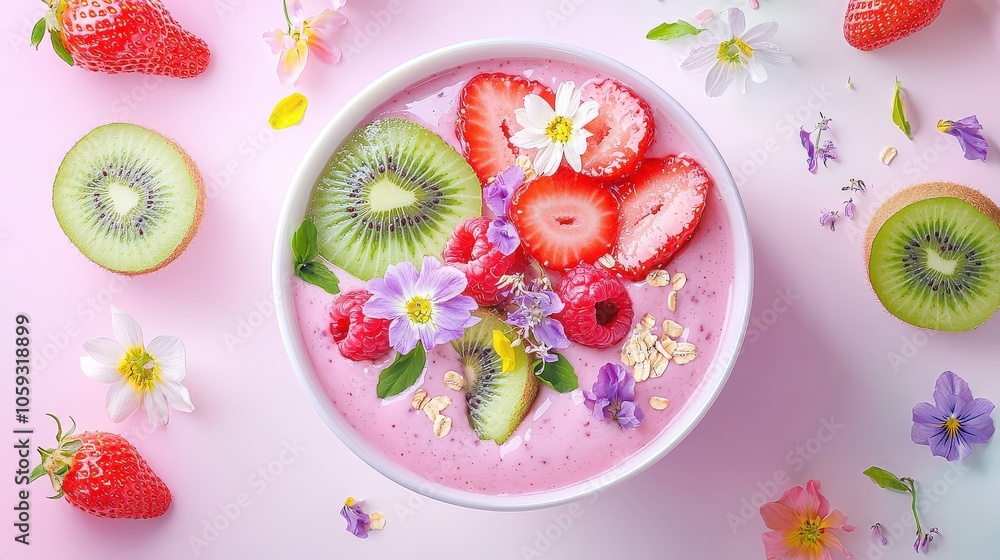 A close-up of a vibrant smoothie bowl filled with acai and topped with kiwi slices, strawberries, and edible flowers, set against a pastel backdrop. A close-up of a vibrant smoothie bowl filled with acai and topped with kiwi slices, strawberries, and edible flowers, set against a pastel backdrop.