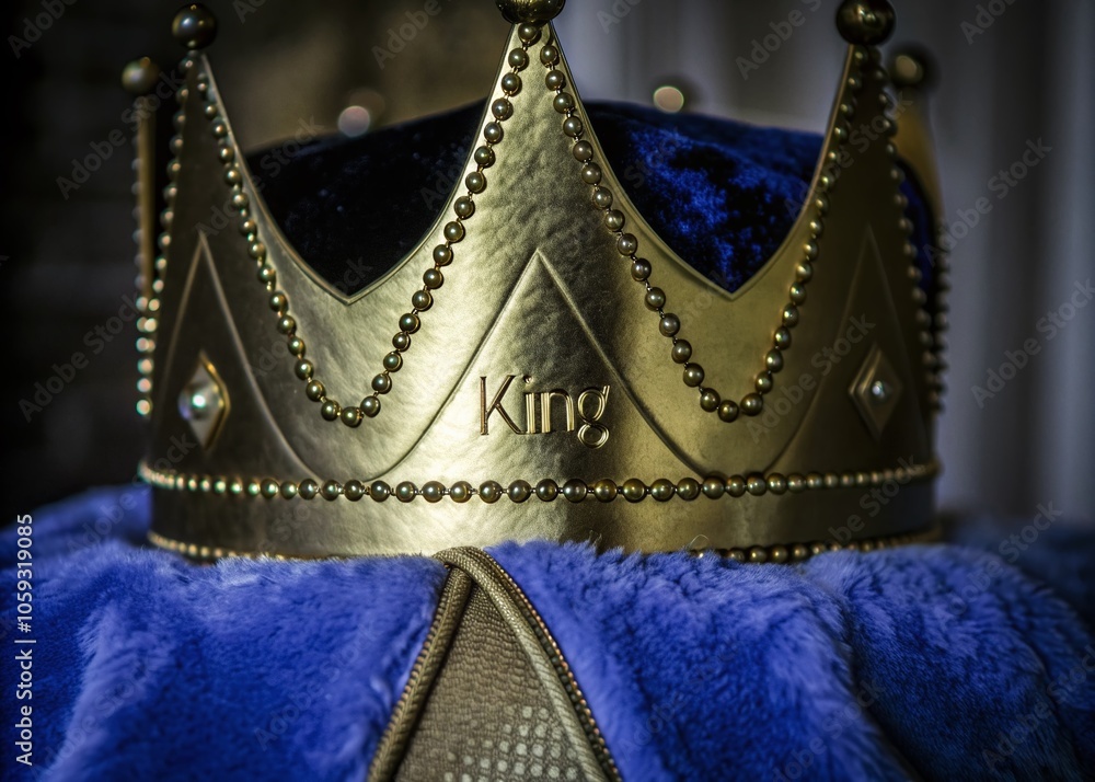 Elegant Golden Crown with Calligraphic King Inscription in Macro Photography for Royalty and Luxury Themes Elegant Golden Crown with Calligraphic King Inscription in Macro Photography for Royalty and Luxury Themes