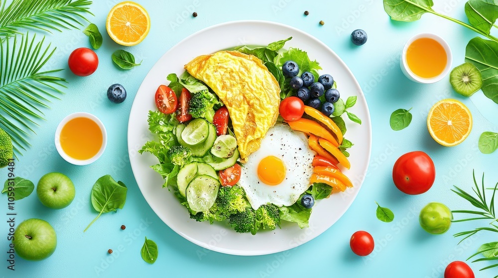 A colorful breakfast plate displaying a variety of dishes: golden omelette, vibrant sauted peppers, and a fresh garden salad, set against a bright background. A colorful breakfast plate displaying a variety of dishes: golden omelette, vibrant sauted peppers, and a fresh garden salad, set against a bright background.