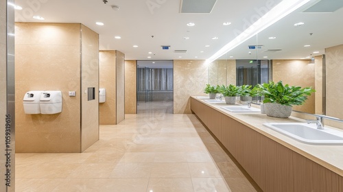 Modern restroom interior with sinks, plants, and elegant design.