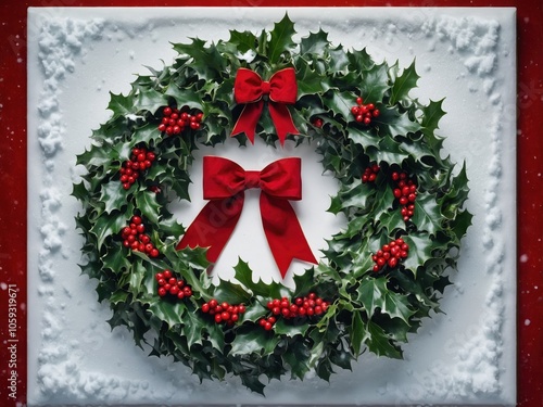 A Detailed View of a Traditional Christmas Wreath with Pinecones and Red Berries photo