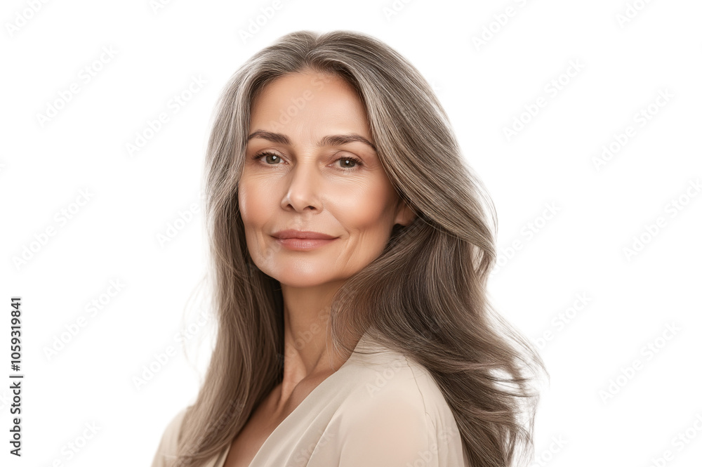 Portrait of Beautiful Mature Woman with Long Gray Hair Smiling Portrait of Beautiful Mature Woman with Long Gray Hair Smiling