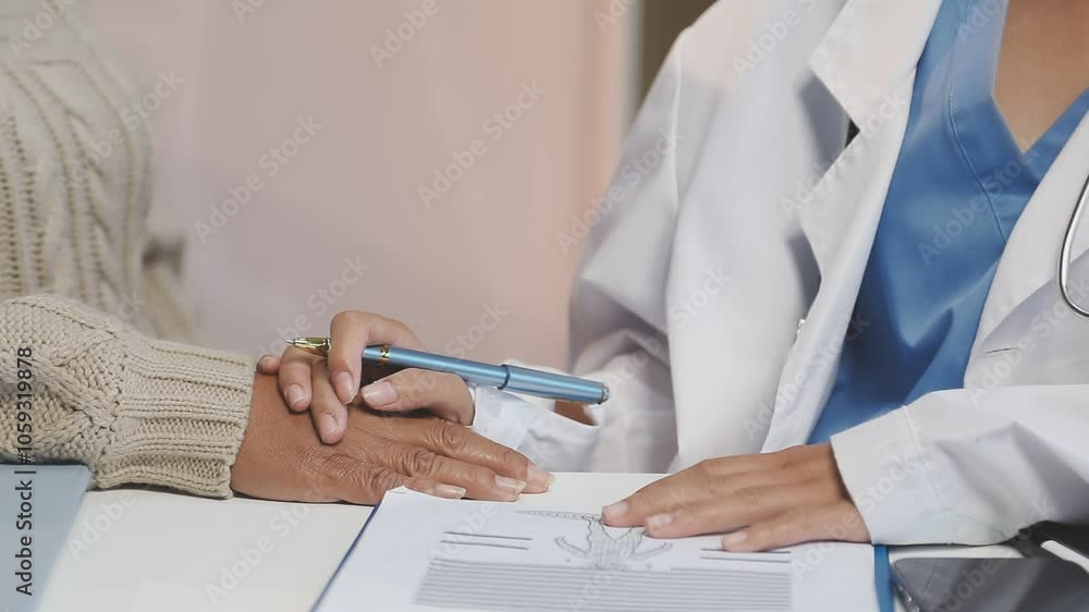 Kind male doctor wearing white coat consulting elder senior female patient holding hand of older woman giving help, safety, empathy and support, showing care and compassion concept. Close up view Kind male doctor wearing white coat consulting elder senior female patient holding hand of older woman giving help, safety, empathy and support, showing care and compassion concept. Close up view