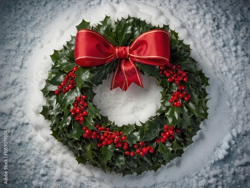 A Closeup of a Classic Christmas Wreath Adorned with Pinecones, Red Berries, and Evergreen Sprigs, Embracing the Holiday Spirit photo