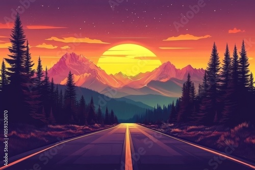 Stunning sunset over mountains  scenic road surrounded by lush trees in vector illustration photo