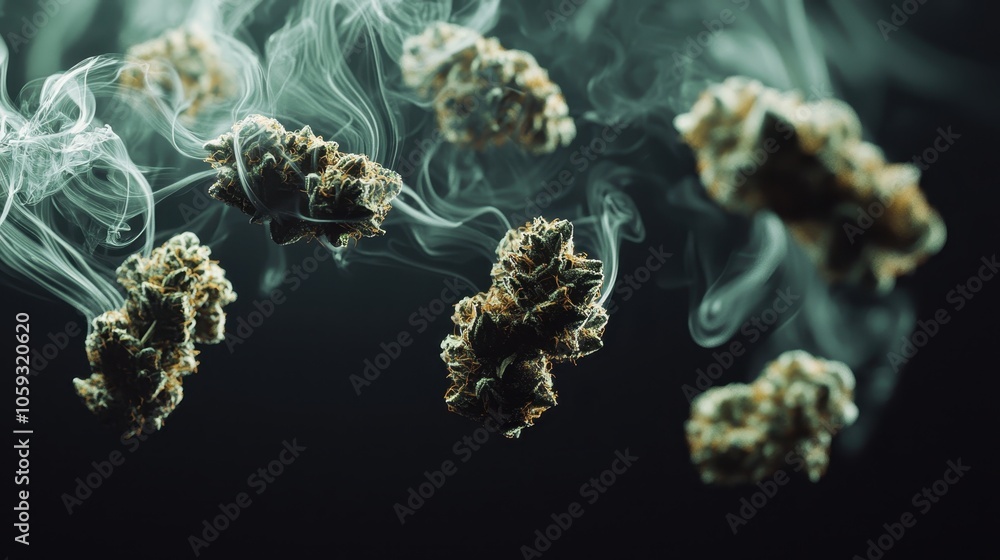 Floating Cannabis Buds with Smoke Trails Floating Cannabis Buds with Smoke Trails