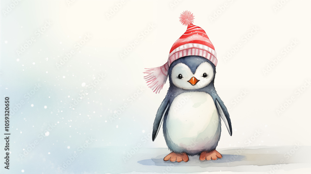 A Cheerful Penguin Wearing a Tiny Santa Hat, Standing Proudly Against a Clean White Background, Illustrated in Soft Pastel Colors A Cheerful Penguin Wearing a Tiny Santa Hat, Standing Proudly Against a Clean White Background, Illustrated in Soft Pastel Colors