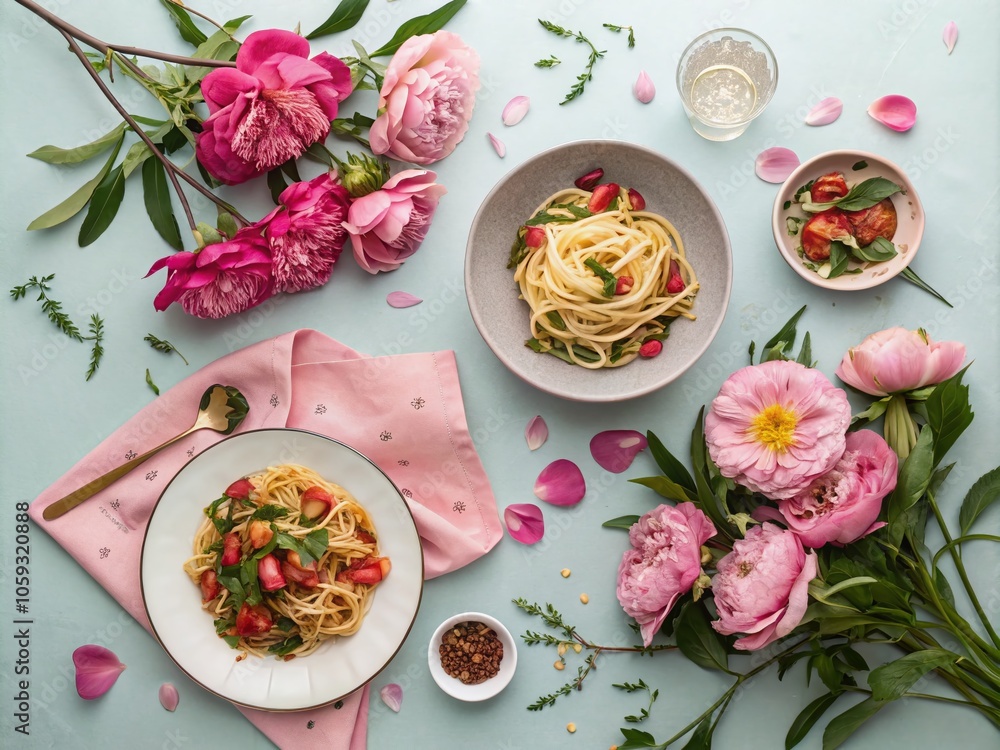 Elegant Peony Pattern with Food Elements for Culinary Aesthetics and Design Inspiration Elegant Peony Pattern with Food Elements for Culinary Aesthetics and Design Inspiration
