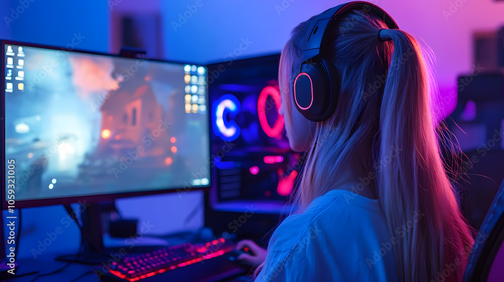 Cute and pretty gamer girl playing video game on computer screen while sitting ergonomic chair in entertainment pink purple neon room, side view Cute and pretty gamer girl playing video game on computer screen while sitting ergonomic chair in entertainment pink purple neon room, side view