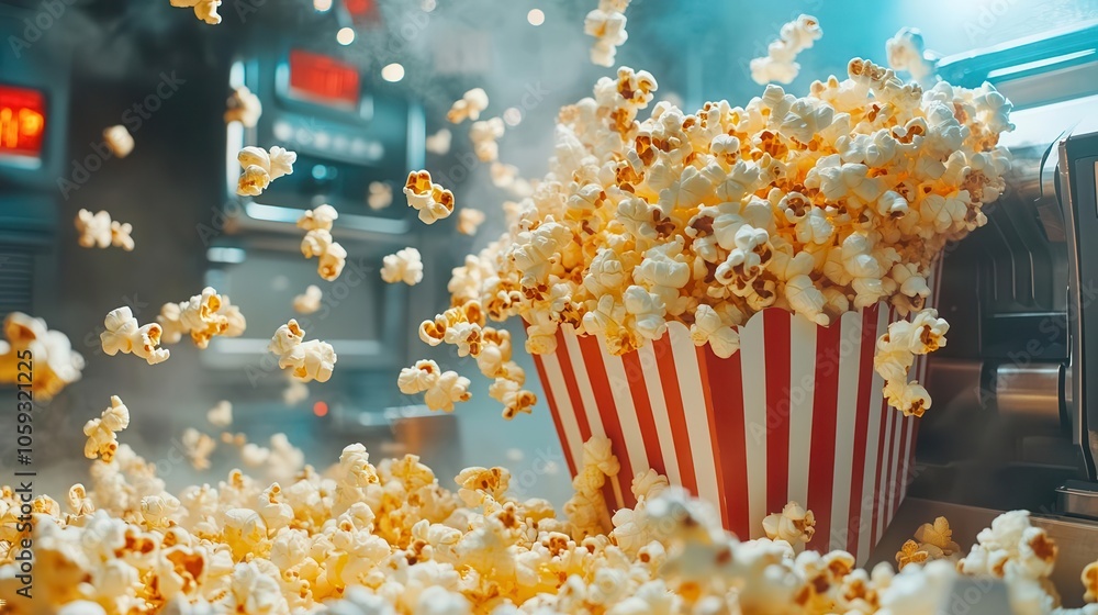 Popcorn machine overflowing with fresh popcorn at the theater, ready for moviegoers Popcorn machine overflowing with fresh popcorn at the theater, ready for moviegoers
