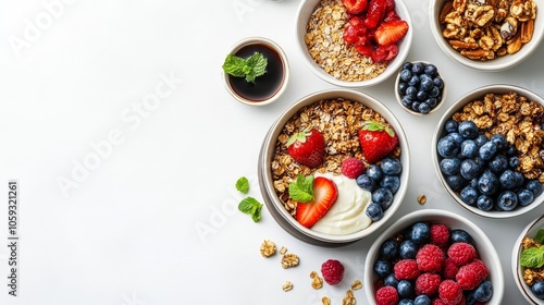 Delicious and wholesome vegetarian breakfast arranged beautifully on a white backdrop.