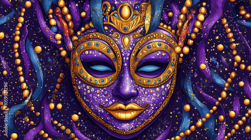 Colorful Mardi Gras party mask with bold purple and gold patterns, surrounded by confetti and beads