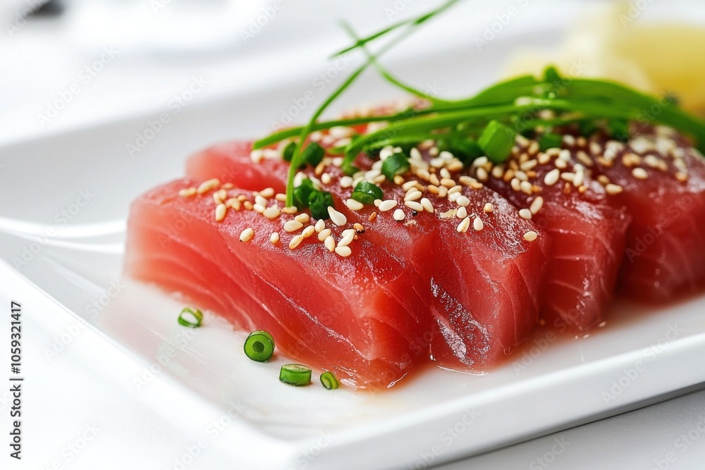 A delicately arranged plate of finely sliced tuna, adorned with roasted sesame seeds, offering an appealing visual delight on a clean, white serving dish A delicately arranged plate of finely sliced tuna, adorned with roasted sesame seeds, offering an appealing visual delight on a clean, white serving dish