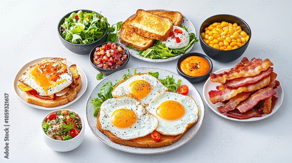 A high angle shot of a delectable breakfast spread showcasing perfectly cooked sunny-side-up eggs, crispy bacon strips, and golden toast, all beautifully arranged on a clean white background A high angle shot of a delectable breakfast spread showcasing perfectly cooked sunny-side-up eggs, crispy bacon strips, and golden toast, all beautifully arranged on a clean white background