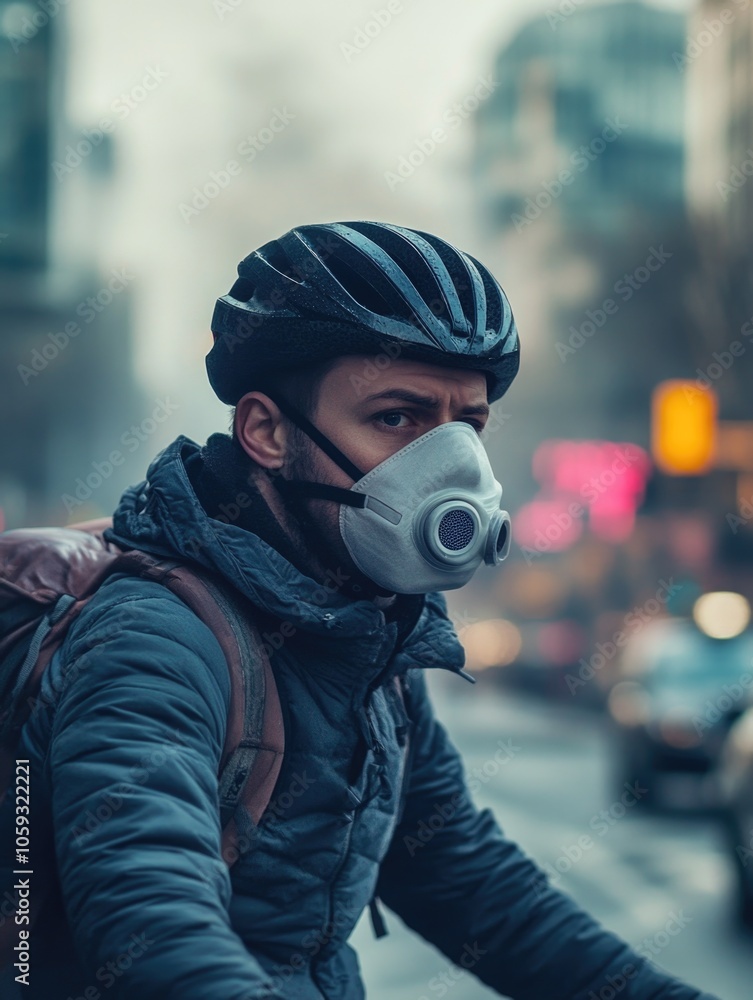 A cyclist wearing a mask in a city due to air pollution. A cyclist wearing a mask in a city due to air pollution.
