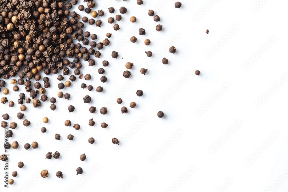 Peppercorns scattered, seasoning suspended against light canvas Peppercorns scattered, seasoning suspended against light canvas