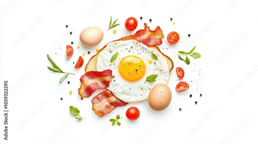 A mouthwatering high angle shot of a breakfast feast including vibrant sunny-side-up eggs, crunchy bacon, and fluffy toast, artfully arranged on a white background A mouthwatering high angle shot of a breakfast feast including vibrant sunny-side-up eggs, crunchy bacon, and fluffy toast, artfully arranged on a white background