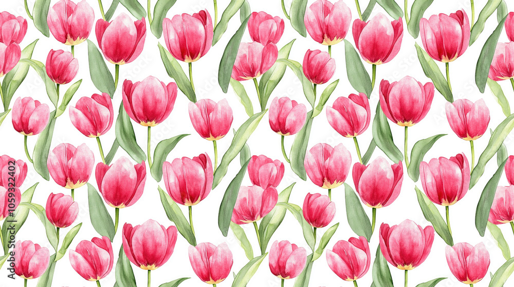 Seamless watercolor pattern featuring hand drawn bright pink tulips ideal for wedding invitations cards and celebratory gifts Seamless watercolor pattern featuring hand drawn bright pink tulips ideal for wedding invitations cards and celebratory gifts