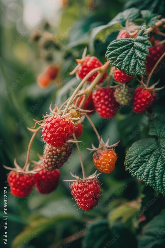 Vibrant red raspberries growing on bush with green leaves and stems Vibrant red raspberries growing on bush with green leaves and stems