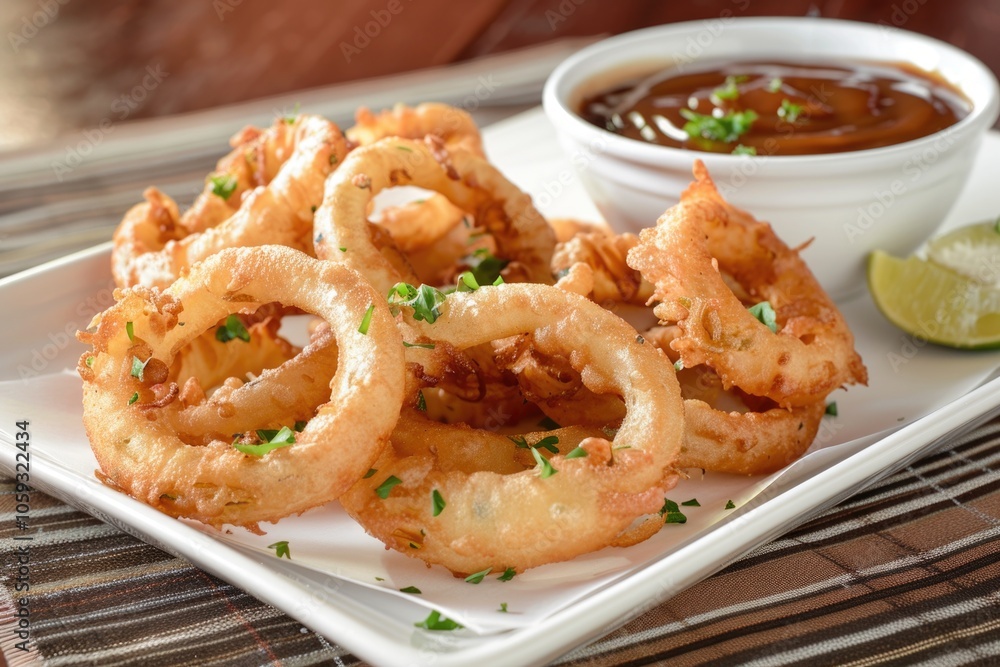 A serving of delicious onion rings with a side of dipping sauce. A serving of delicious onion rings with a side of dipping sauce.