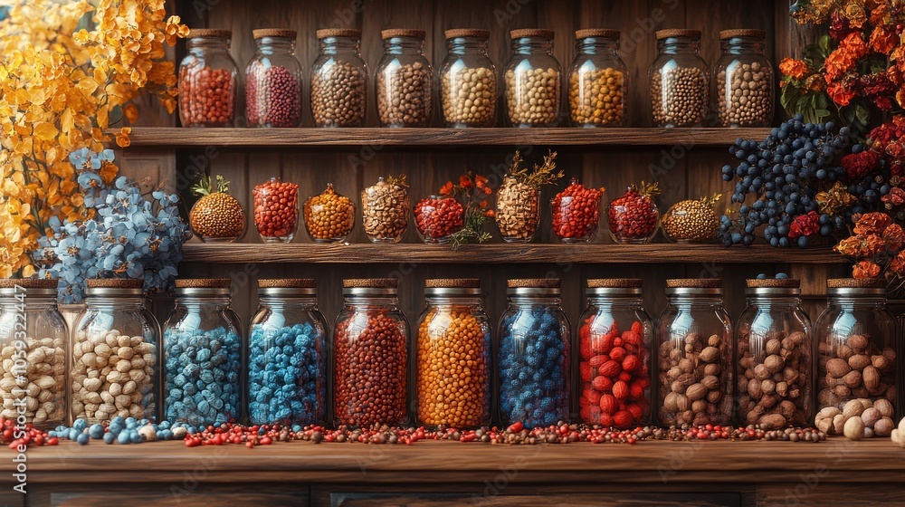 Glass Jars Filled with Colorful Seeds on Wooden Shelves Glass Jars Filled with Colorful Seeds on Wooden Shelves
