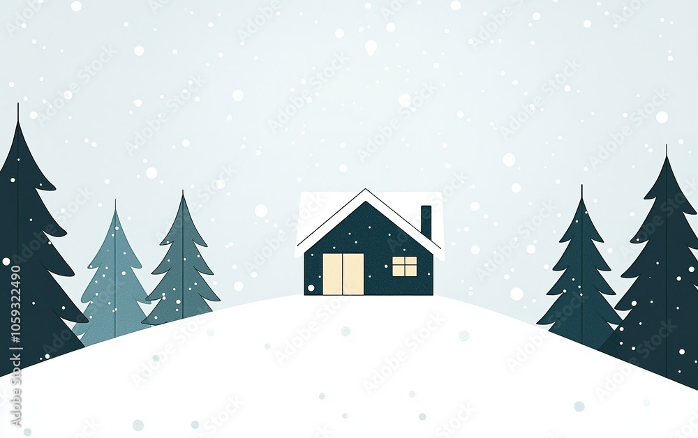 A cozy cabin surrounded by snow-covered trees in a winter landscape during a gentle snowfall A cozy cabin surrounded by snow-covered trees in a winter landscape during a gentle snowfall