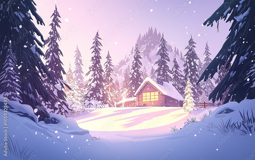 Naklejka premium A peaceful winter cabin nestled among snow-covered trees at twilight in a serene mountain landscape