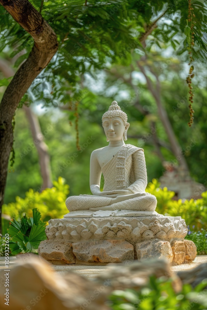Statue of Buddha in a peaceful pose, surrounded by lush greenery. Statue of Buddha in a peaceful pose, surrounded by lush greenery.