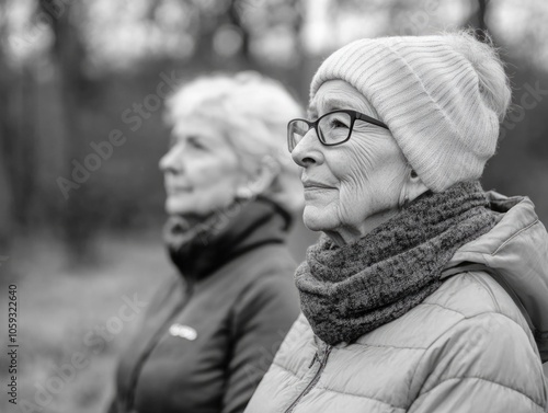 Two older women share a peaceful moment in the woods, enjoying each other's company and the tranquility of nature.
