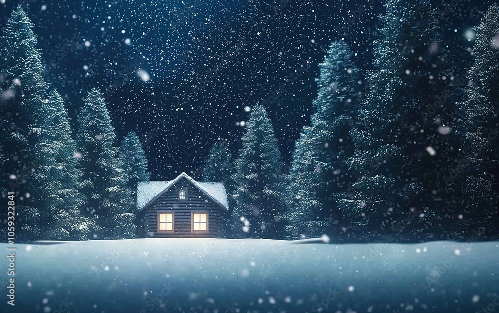 Fototapeta premium A cozy cabin surrounded by snow-covered trees on a quiet winter night under falling snowflakes