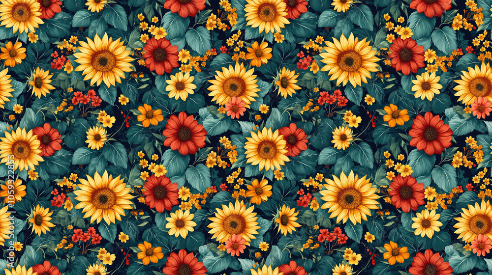 Seamless pattern featuring vibrant sunflowers in full bloom perfect for fabric design and home decor Seamless pattern featuring vibrant sunflowers in full bloom perfect for fabric design and home decor
