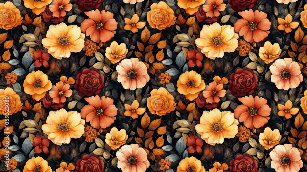 Fototapeta premium Seamless watercolor floral pattern featuring autumn blooms ideal for fabric design and home textiles