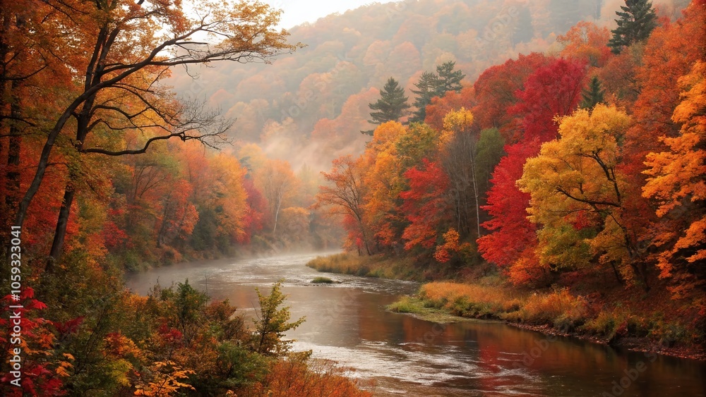 Enchanted Autumn Landscape with Vibrant Forest and Serene River for Fantasy Imagery Enchanted Autumn Landscape with Vibrant Forest and Serene River for Fantasy Imagery