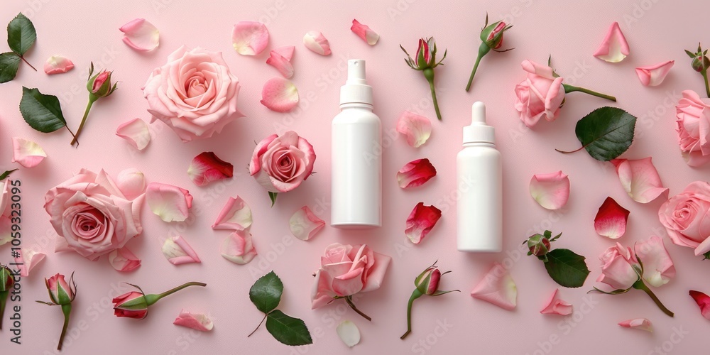 Romantic floral background with two bottles of essential oil blends. Romantic floral background with two bottles of essential oil blends.