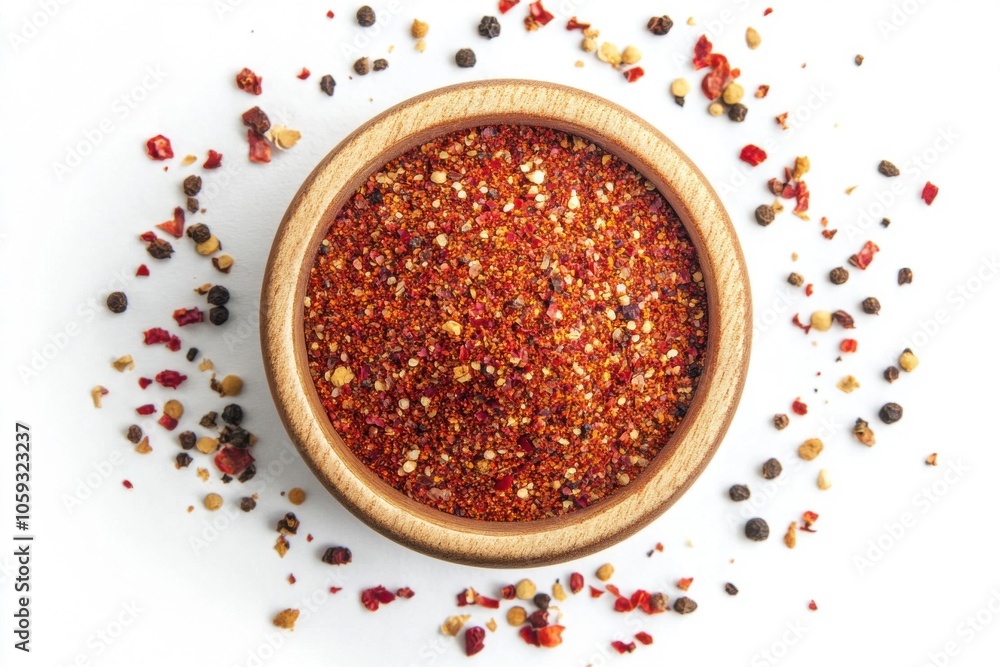 Red sweet pepper spice set against light backdrop, aerial view and description of its surface texture Red sweet pepper spice set against light backdrop, aerial view and description of its surface texture