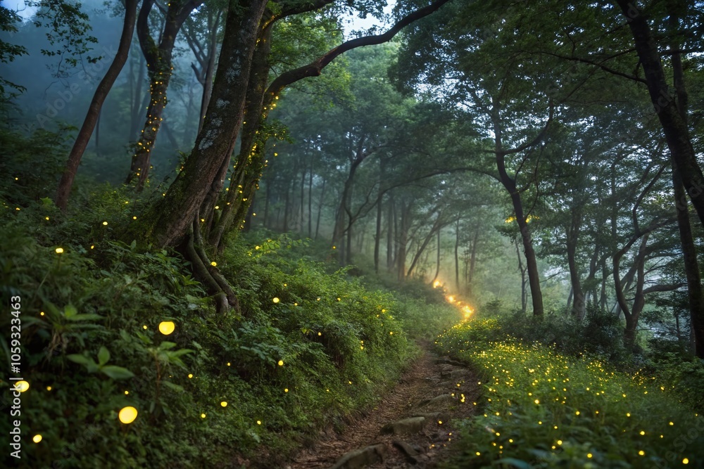 Naklejka premium Enchanted Forest Nighttime with Fireflies and Lush Greenery - Double Exposure Photography