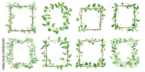 Set watercolor green leaves frame border floral tree branches design resources elements isolated on transparent background